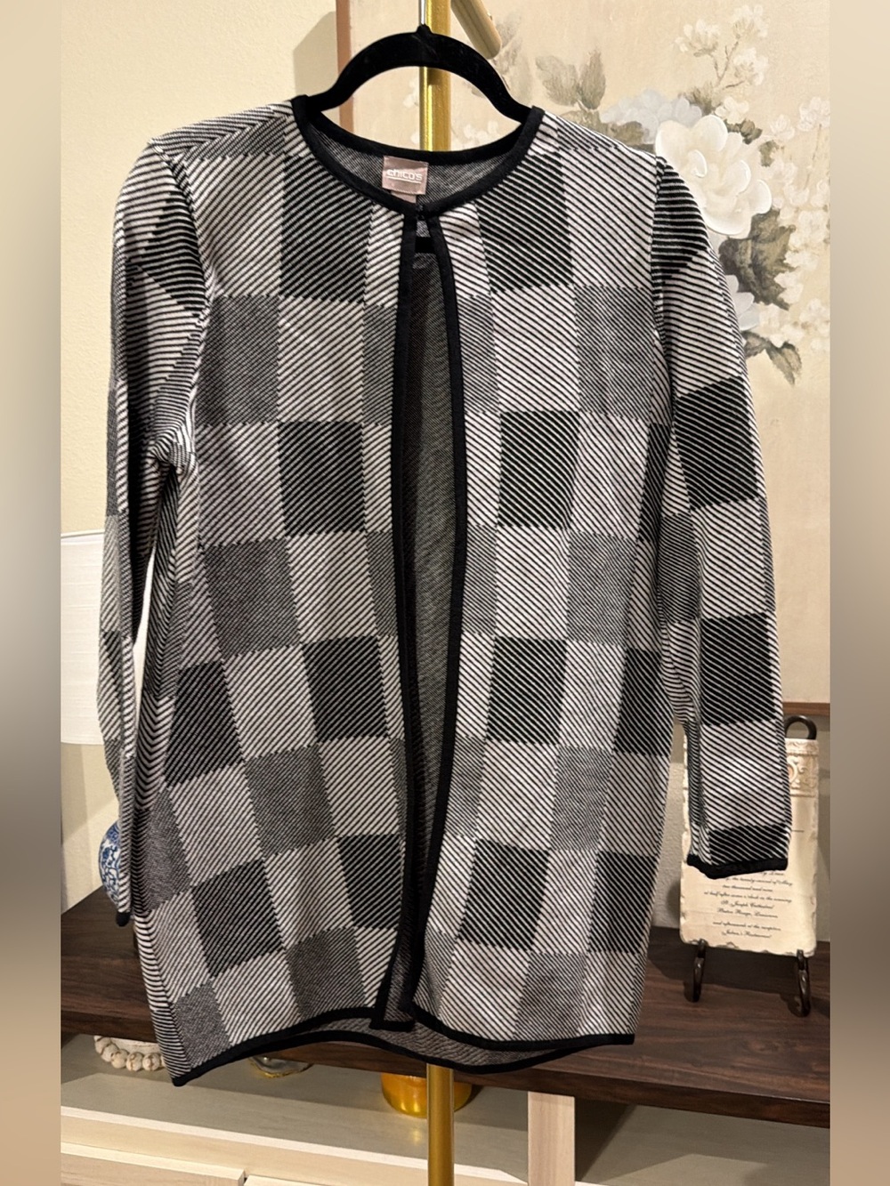 Chicos Black and White Open-Front Checker Cardigan